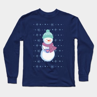 Snowman with coffee and snowflake background Long Sleeve T-Shirt